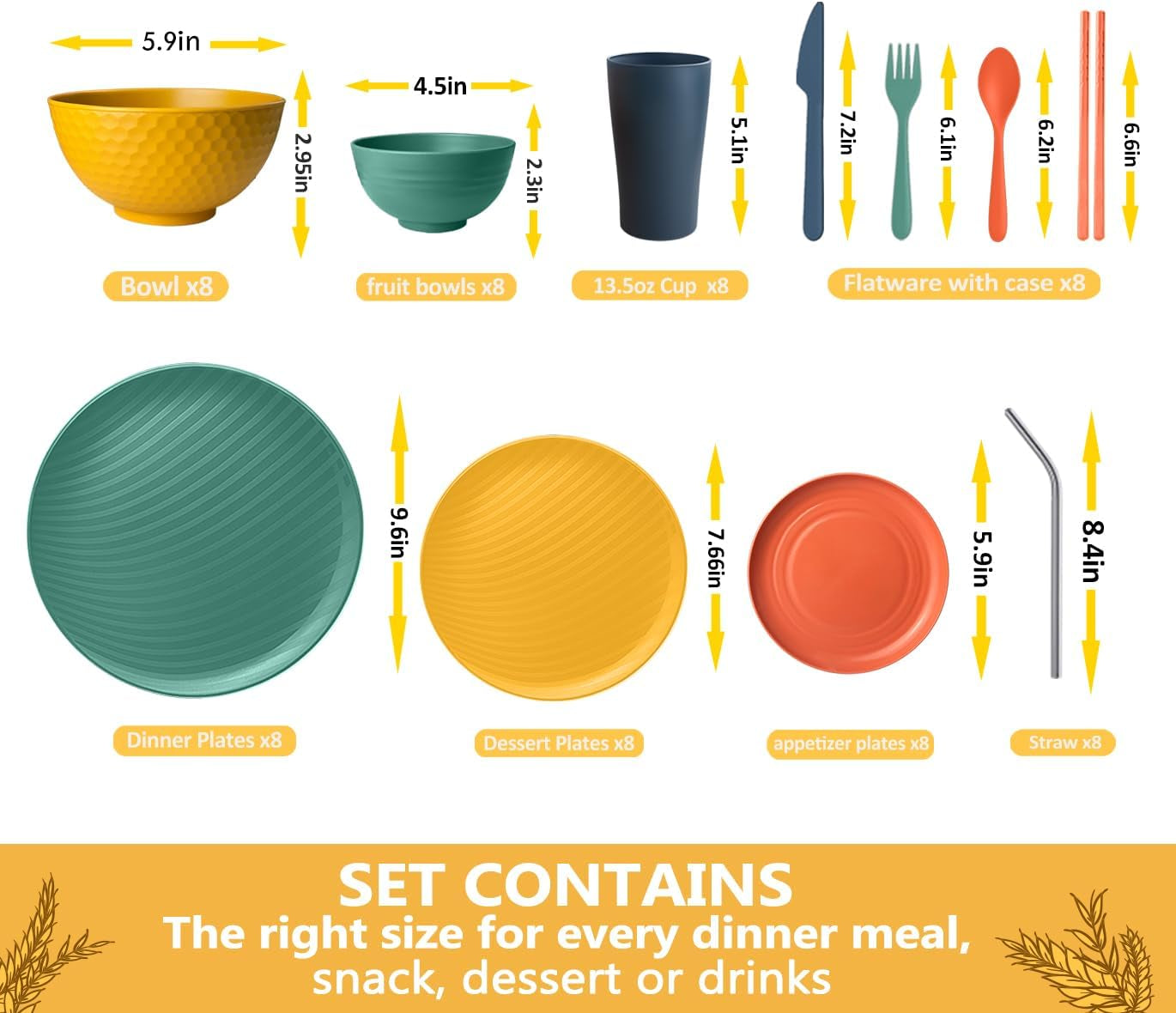 88-Piece Durable Wheat Straw Dinnerware Set for 8 with Multicolor Fall Design, Includes Plates, Bowls, Cups, and Flatware, Dishwasher Safe, Perfect for RV Use