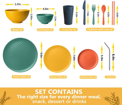 88-Piece Durable Wheat Straw Dinnerware Set for 8 with Multicolor Fall Design, Includes Plates, Bowls, Cups, and Flatware, Dishwasher Safe, Perfect for RV Use