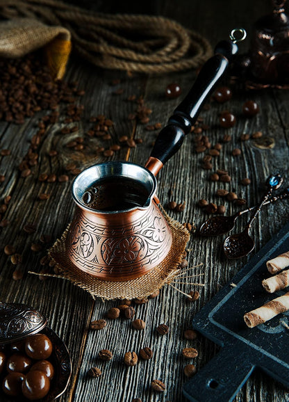 Thickest Copper Turkish Greek Arabic Coffee Pot, Stovetop Coffee Maker, Cezve Ibrik Briki with Wooden Handle & Spoon, Hand Engraved (Matte Copper, 9 Ounces)