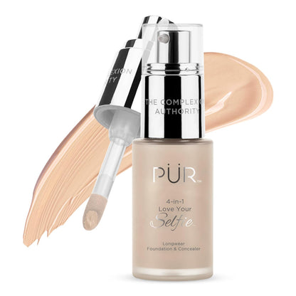PÜR MINERALS 4-In-1 Love Your Selfie Foundation & Concealer - Longwear Full Coverage Liquid Makeup Foundation with Hydrating Blend for Refined-Looking, Natural Beauty Glow, Skin Texture & Tone
