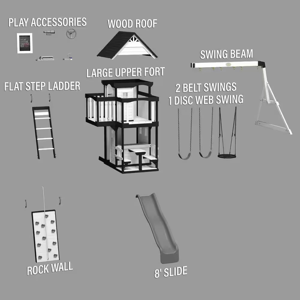 Canyon Creek White Outdoor Kid'S Playground Set W/ Rock Wall, Wave Slide, Web Swing, and Playset Kitchen