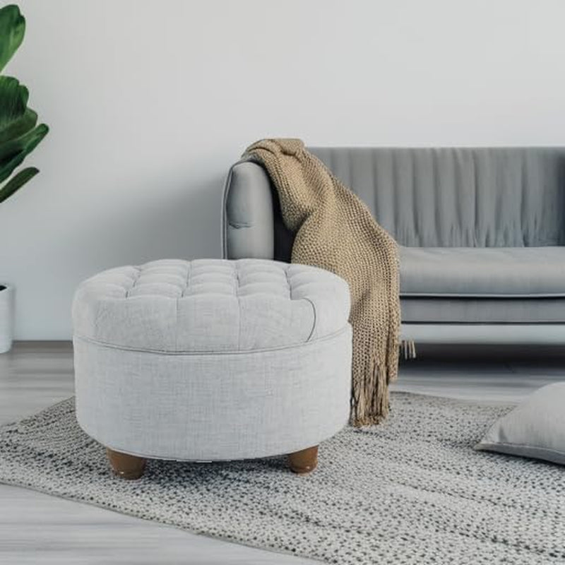 Button-Tufted Round Woven Storage Ottoman in Light Blue for Living Room and Bedroom