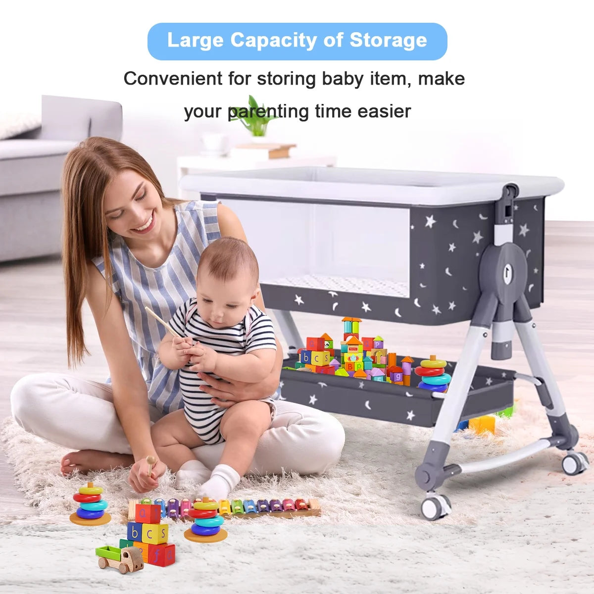 4-in-1 Adjustable Height Bedside Bassinet with Storage Basket in Black