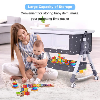 4-in-1 Adjustable Height Bedside Bassinet with Storage Basket in Black