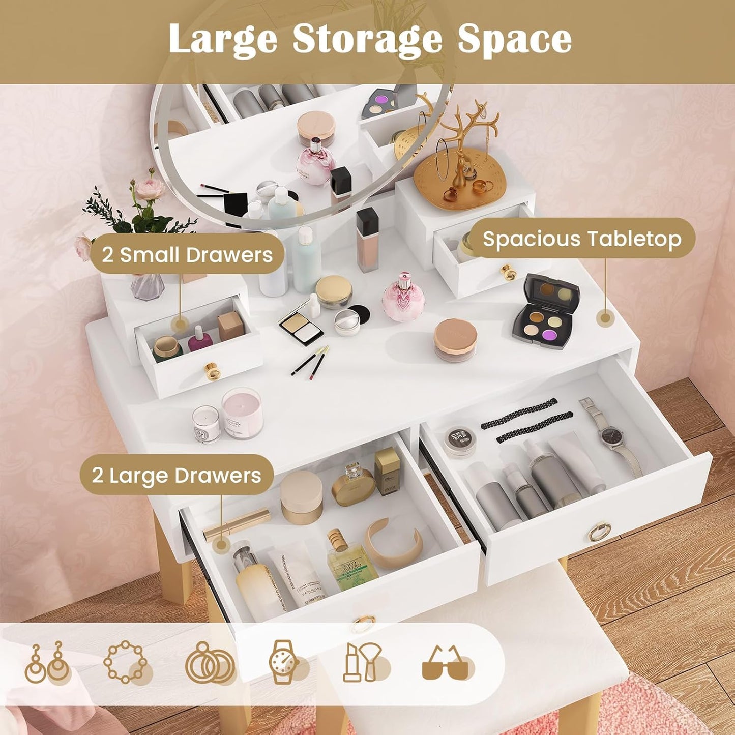 Modern White Vanity Desk with Mirror and Adjustable Lighting, Featuring 4 Drawers and Stool for Small Bedrooms