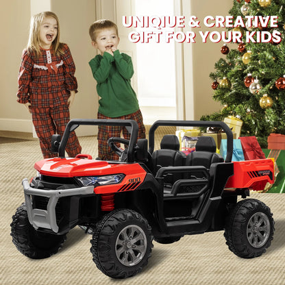 24 Volt Ride on Toys, 4WD Ride on Dump Truck for Kids, 2 Seater Ride on Car with Remote, Electric Power Car Wheels Toys with Trailer & Shovel, Mp3/Bluetooth Music, Red