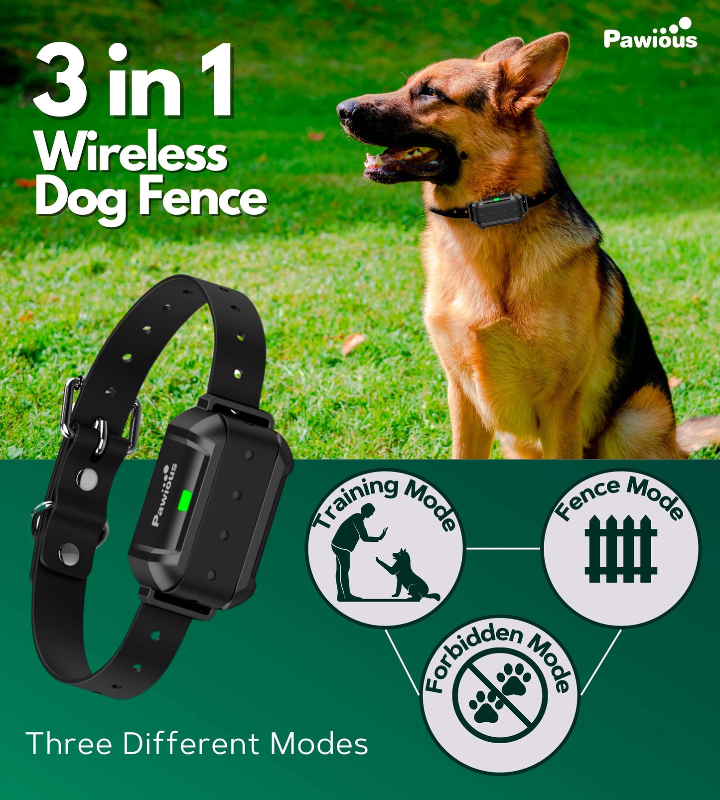 Wireless Dog Containment System - 3 Dog Package, High Precision Wireless Fence for Up to 5 Acres with Real-Time Distance Monitoring