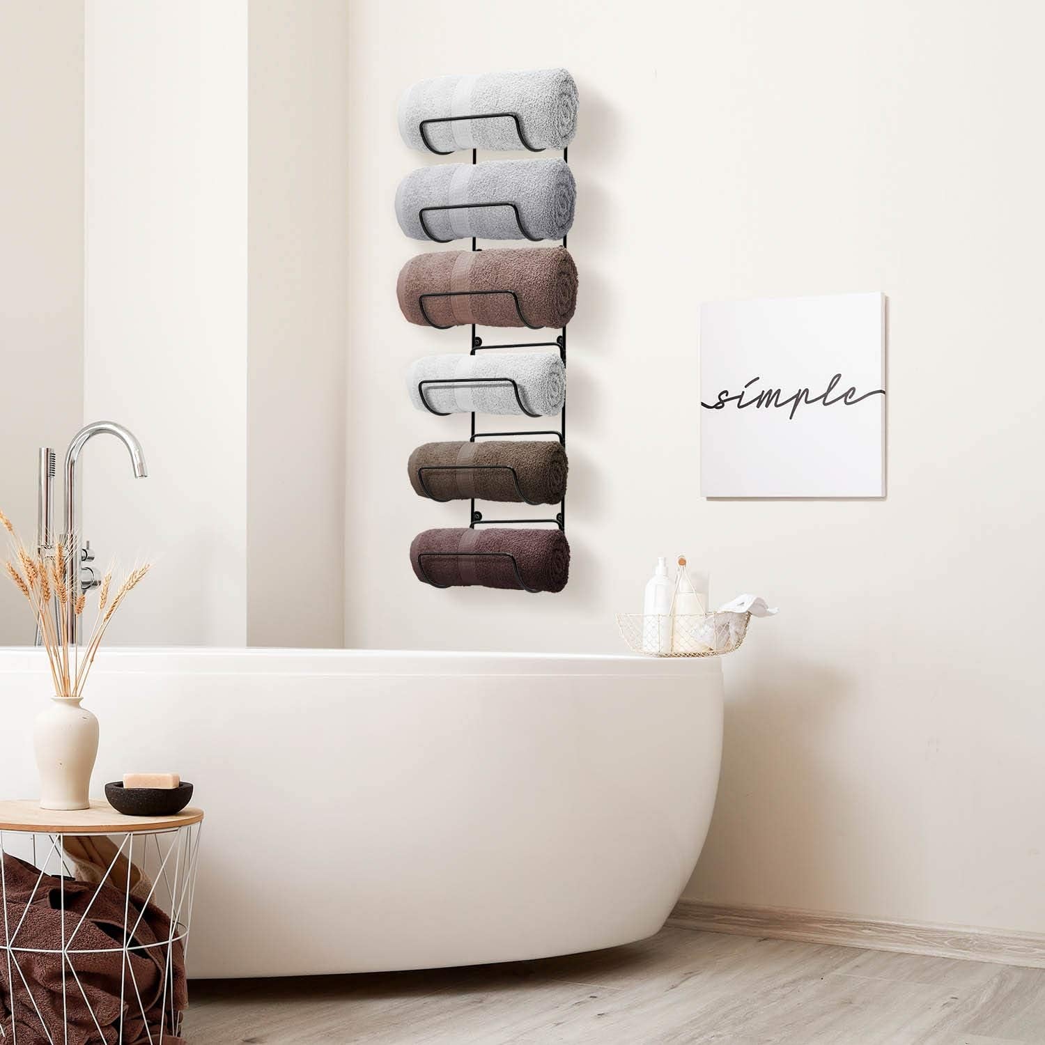 Wall-Mounted Towel Rack - Black Metal Bathroom Organizer with 6 Compartments for Towel Storage, Ideal for Gym, Spa, RV, and Kitchen Use