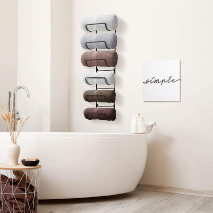 Wall-Mounted Towel Rack - Black Metal Bathroom Organizer with 6 Compartments for Towel Storage, Ideal for Gym, Spa, RV, and Kitchen Use