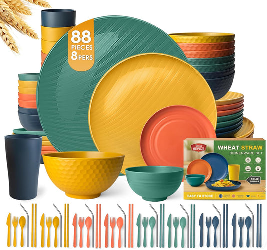 88-Piece Durable Wheat Straw Dinnerware Set for 8 with Multicolor Fall Design, Includes Plates, Bowls, Cups, and Flatware, Dishwasher Safe, Perfect for RV Use