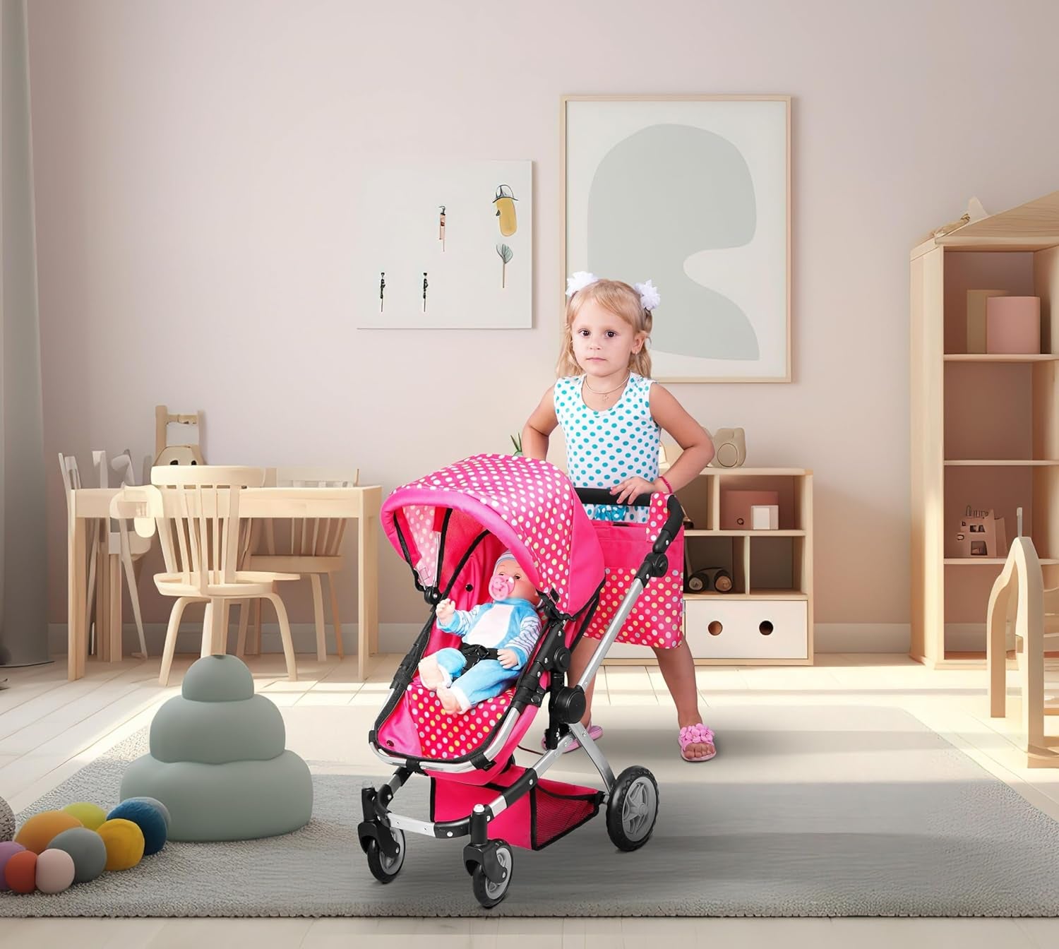 Foldable Baby Doll Stroller with Polka Dot Design, Swiveling Wheels, and Adjustable Handle