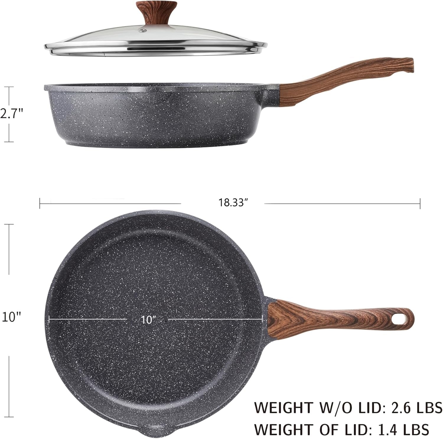 Nonstick Skillet, Deep Frying Pan 10/11/12-Inch, Saute Pan with Lid, Stay-Cool Handle, Healthy Stone Cookware Cooking Pan, Induction Compatible (10-Inch/3.5Qt)