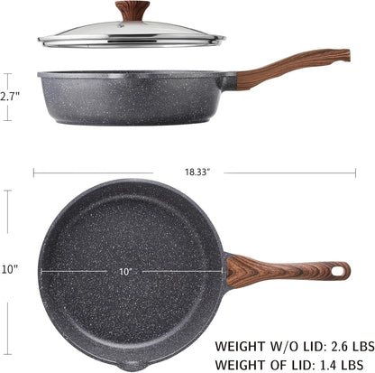Nonstick Skillet, Deep Frying Pan 10/11/12-Inch, Saute Pan with Lid, Stay-Cool Handle, Healthy Stone Cookware Cooking Pan, Induction Compatible (10-Inch/3.5Qt)
