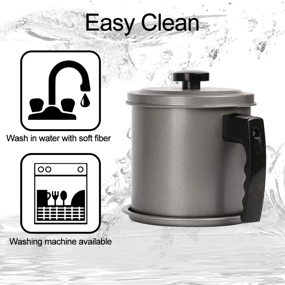 Bacon Grease Container with Strainer- 1.3 L or 5.2 Cup Iron Kitchen Oil Storage Can with Fine Mesh Strainer for Storing Hot Frying Oil, Fat (Gray)