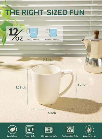 Porcelain White Coffee Mugs - 12 Ounce - Set of 6, Coffee Cups for Latte, Hot Tea, Cappuccino, Mocha, Cocoa, Festival Gift, Microwave Safe ﻿