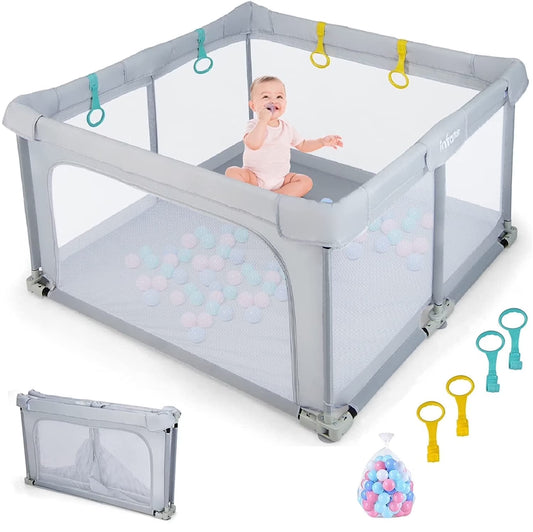 Large Foldable Baby Playpen, 50x50 Playard for Toddlers with Gate, Soft Mesh Design, Indoor/Outdoor Activity Center with 4 Handles and 50 Ocean Balls (Gray)