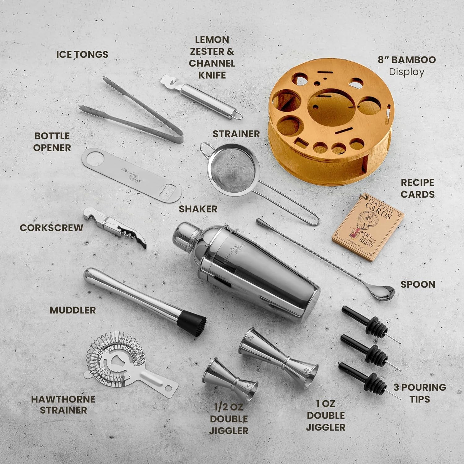 Bartender Kit – 15 Piece Cocktail Shaker Set with Bamboo Stand | Complete Cocktail Kit Gift Set | Top Bartender Gifts for Men & Women | Exclusive Recipe Cards (Silver)