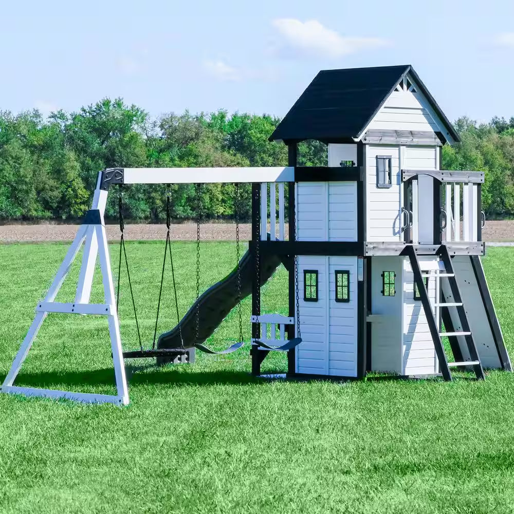 Canyon Creek White Outdoor Kid'S Playground Set W/ Rock Wall, Wave Slide, Web Swing, and Playset Kitchen