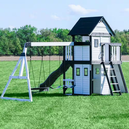 Canyon Creek White Outdoor Kid'S Playground Set W/ Rock Wall, Wave Slide, Web Swing, and Playset Kitchen