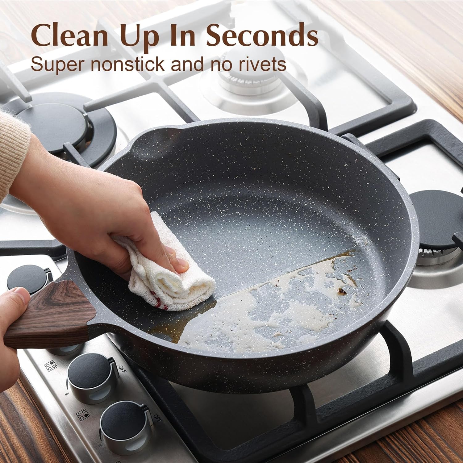 Nonstick Skillet, Deep Frying Pan 10/11/12-Inch, Saute Pan with Lid, Stay-Cool Handle, Healthy Stone Cookware Cooking Pan, Induction Compatible (10-Inch/3.5Qt)