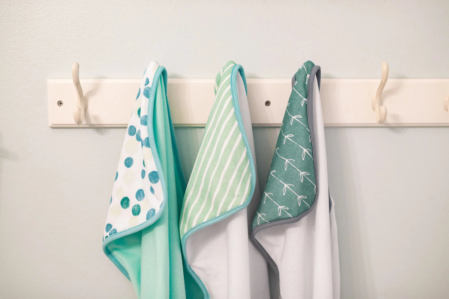 Newborn Baby Hooded Towel Set - Soft Terry Bath Towels for Infants, Set of 3 in Green Dots