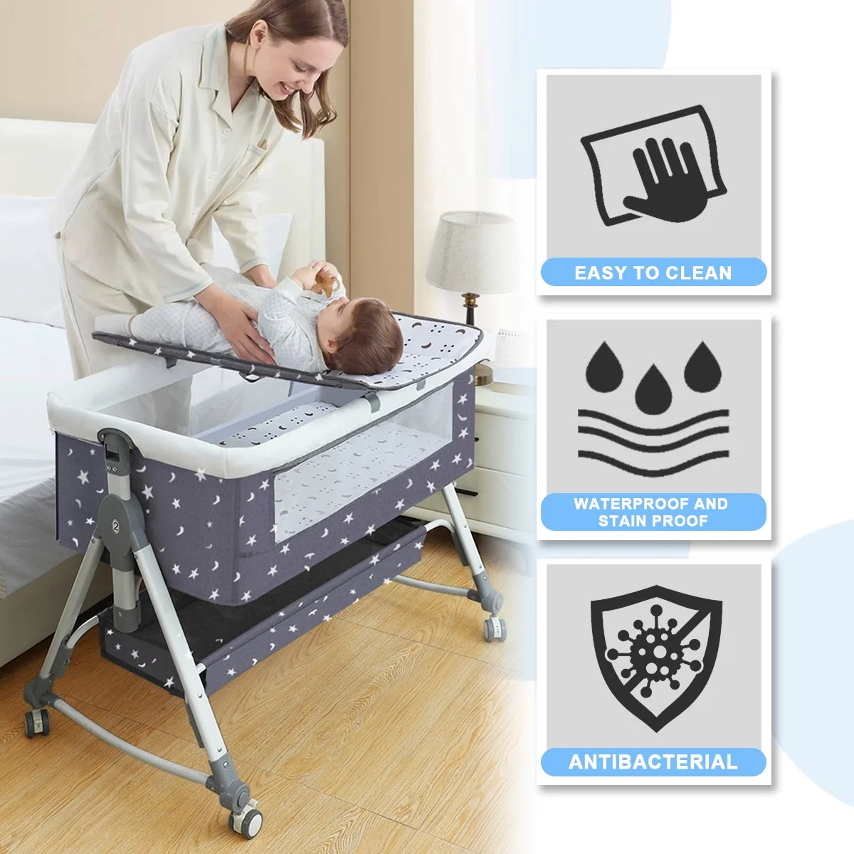 4-in-1 Adjustable Height Bedside Bassinet with Storage Basket in Black