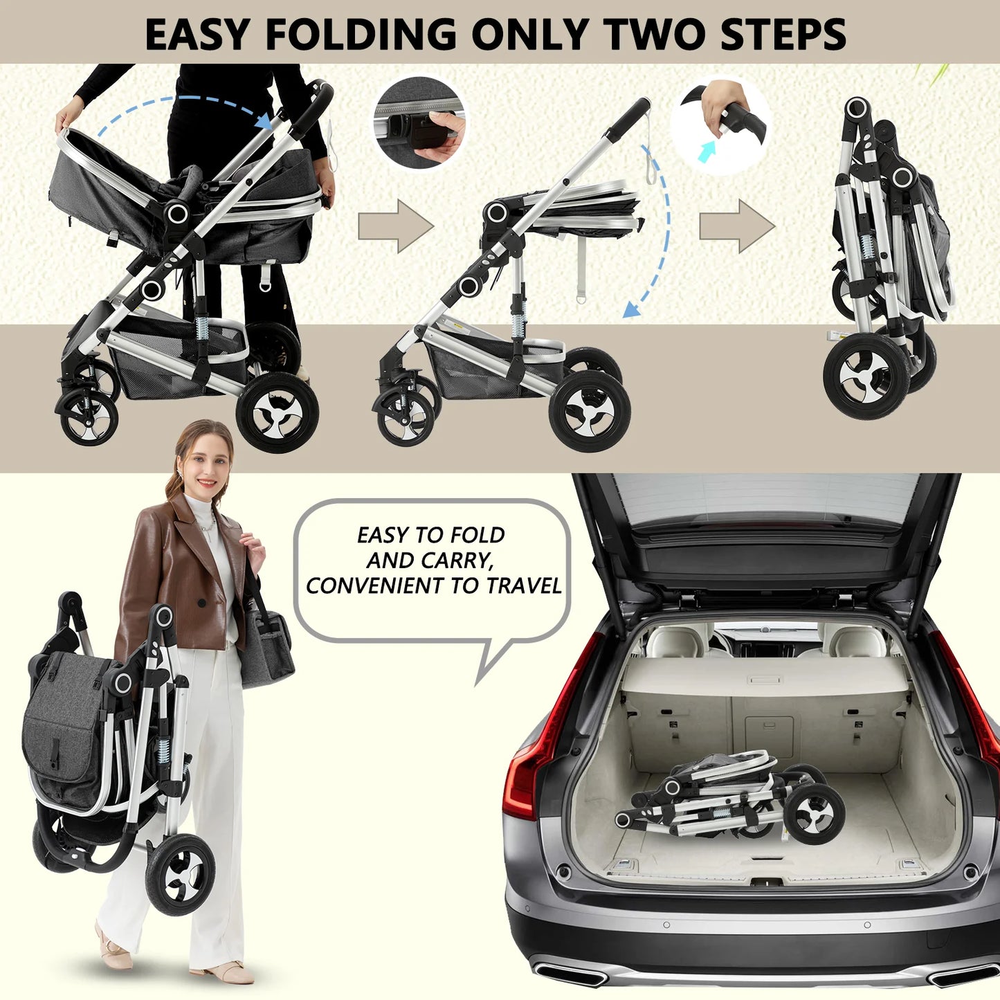 Convertible 3-in-1 Baby Stroller with Spacious Seating and Adjustable Canopy, 24 lbs, Dark Grey