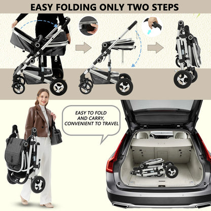 Convertible 3-in-1 Baby Stroller with Spacious Seating and Adjustable Canopy, 24 lbs, Dark Grey