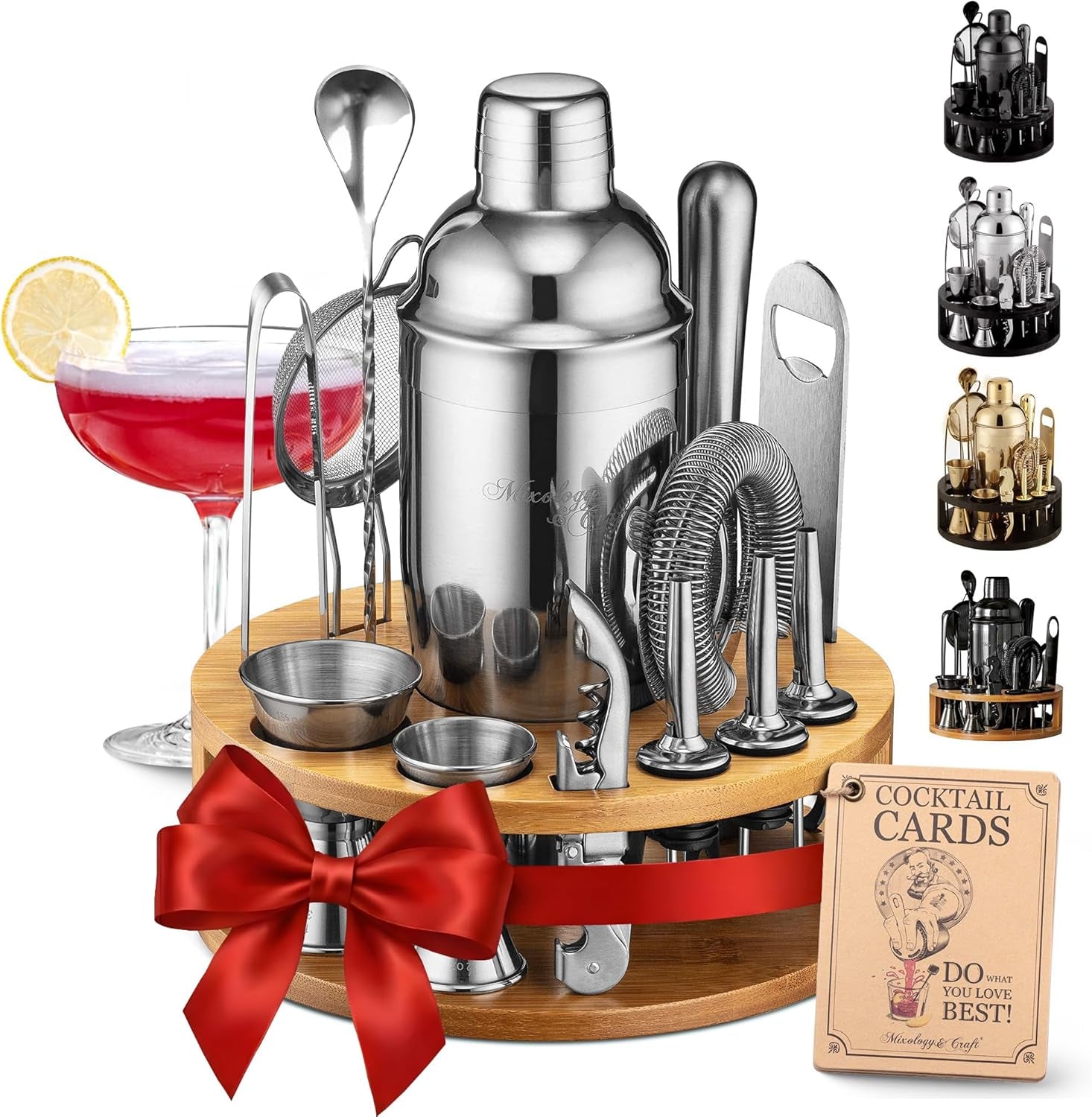 Bartender Kit – 15 Piece Cocktail Shaker Set with Bamboo Stand | Complete Cocktail Kit Gift Set | Top Bartender Gifts for Men & Women | Exclusive Recipe Cards (Silver)