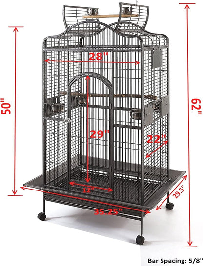 New Large Wrought Iron Open/Close Play Top Bird Parrot Cage, Include Metal Seed Guard Solid Metal Feeder Nest Doors (28" W X 22" D X 59" H Black Vein)