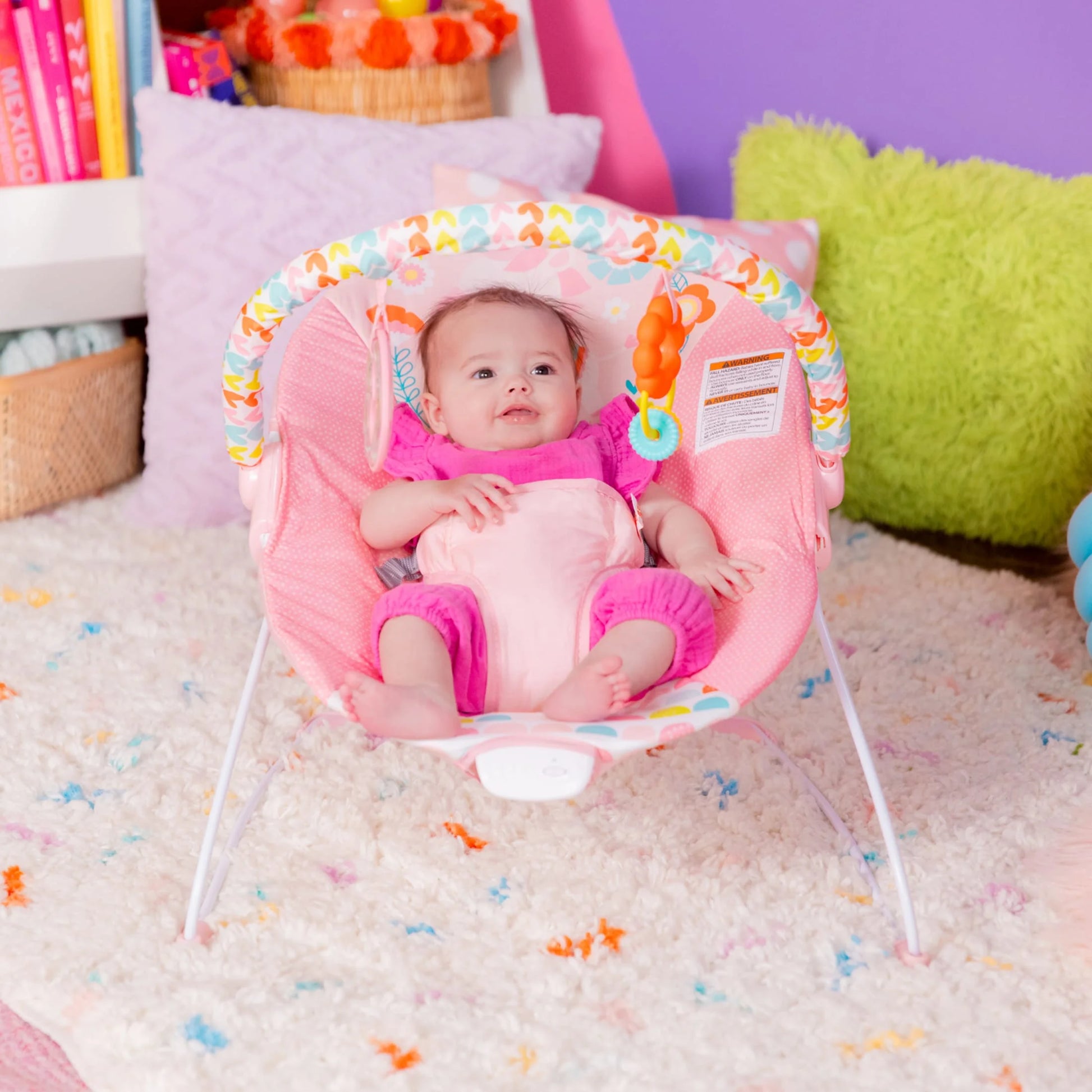 Infant Vibrating Bouncer Featuring Fantasy Unicorn Design and Toy Accessories