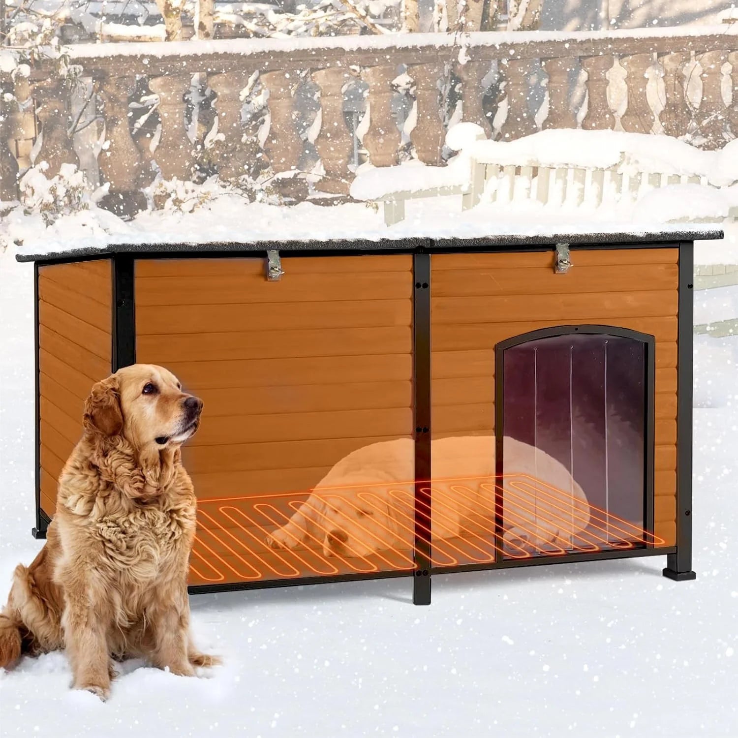 Extra Large Heated Dog House Outdoor Wooden Dog Kennel 59" Insulated with Heater All-Around Iron Frame