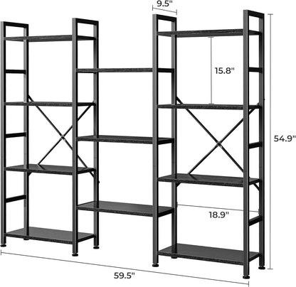 Triple 4-Tier Bookshelf with 11 Open Display Shelves - Wide Bookcase for Home and Office in Black
