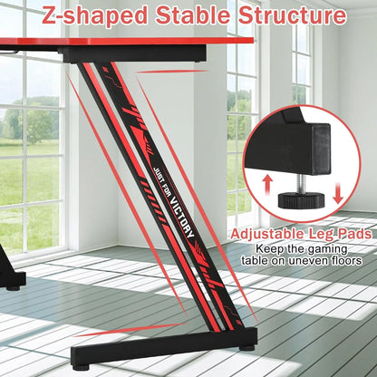 47-Inch Z-Shaped Gaming Desk with Headphone Hook for Home Office, Red