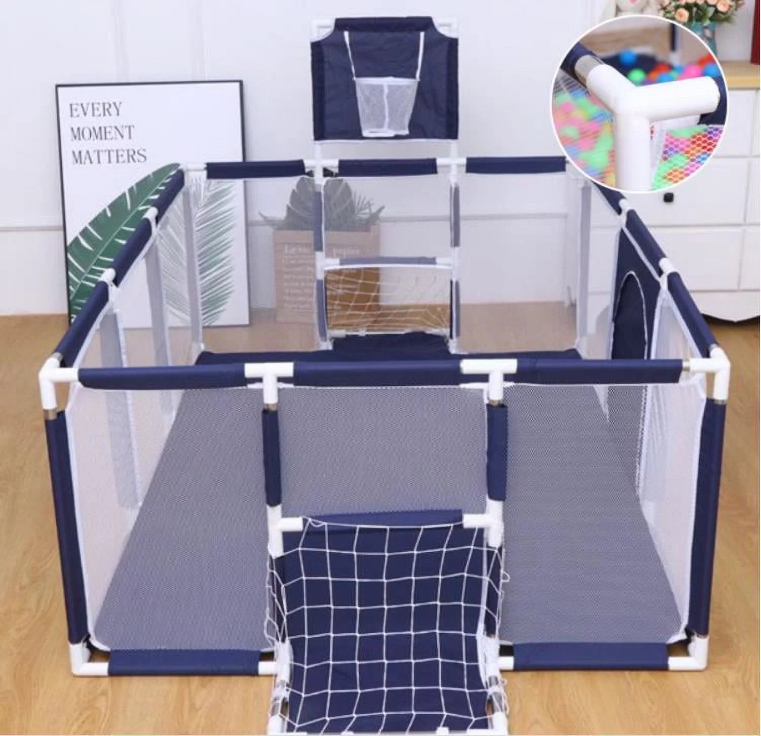 91-Inch Premium Playpen with Basketball Hoop - Versatile Folding Mesh Playard for Infants and Children, Suitable for Indoor and Outdoor Use