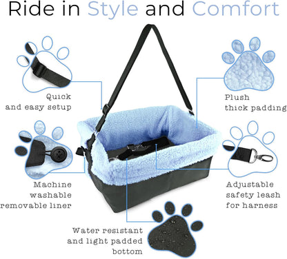 Blue Dog Booster Seat - Washable, Adjustable, Collapsible Pet Travel Carrier Bed - Safety Seat Belt Tether for Small Dogs, Puppies, and Pets up to 18 Lbs