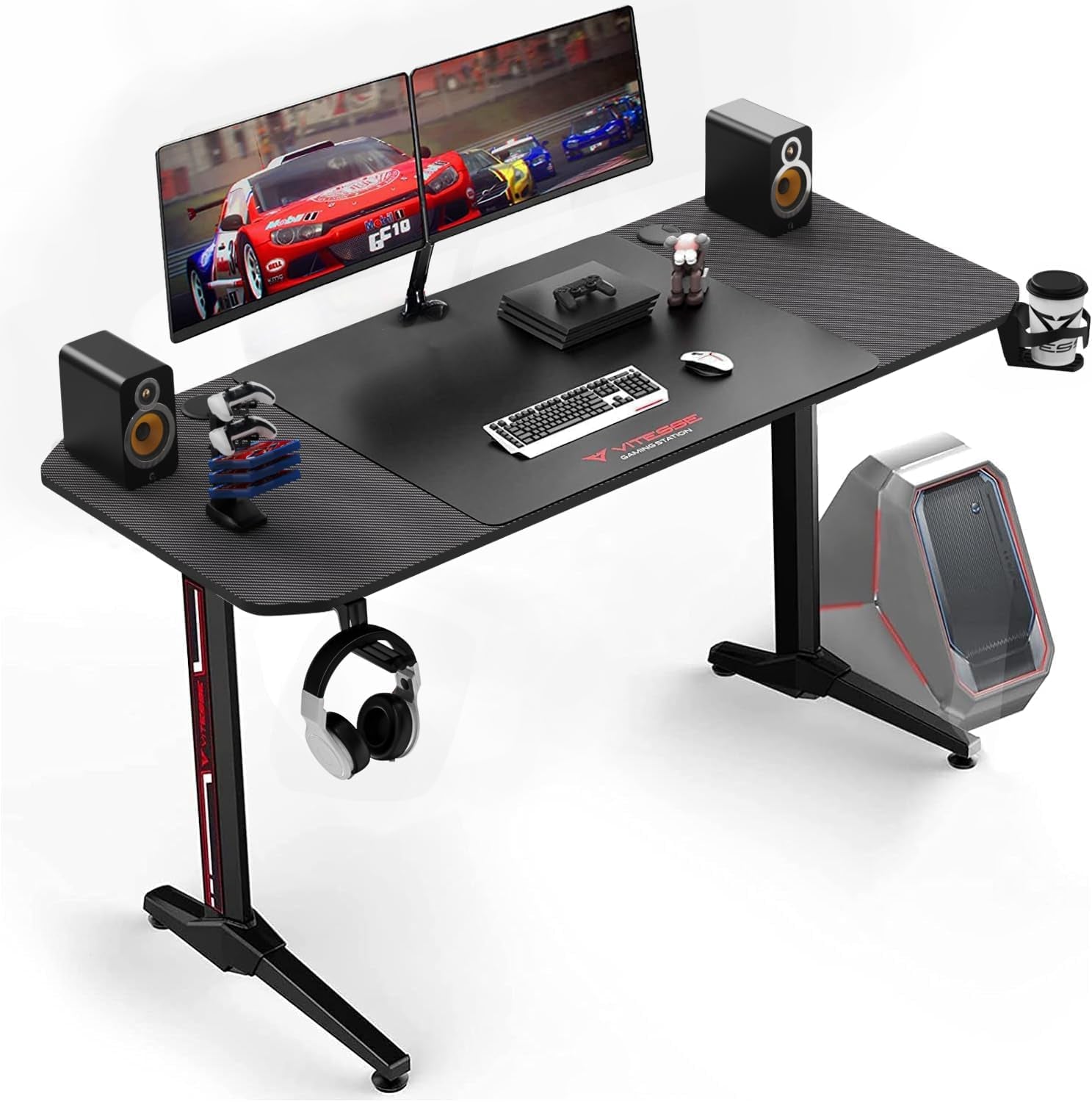 Ergonomic 55-Inch T-Shaped Gaming Desk with Mouse Pad, Gaming Handle Rack, Cup Holder, and Headphone Hook