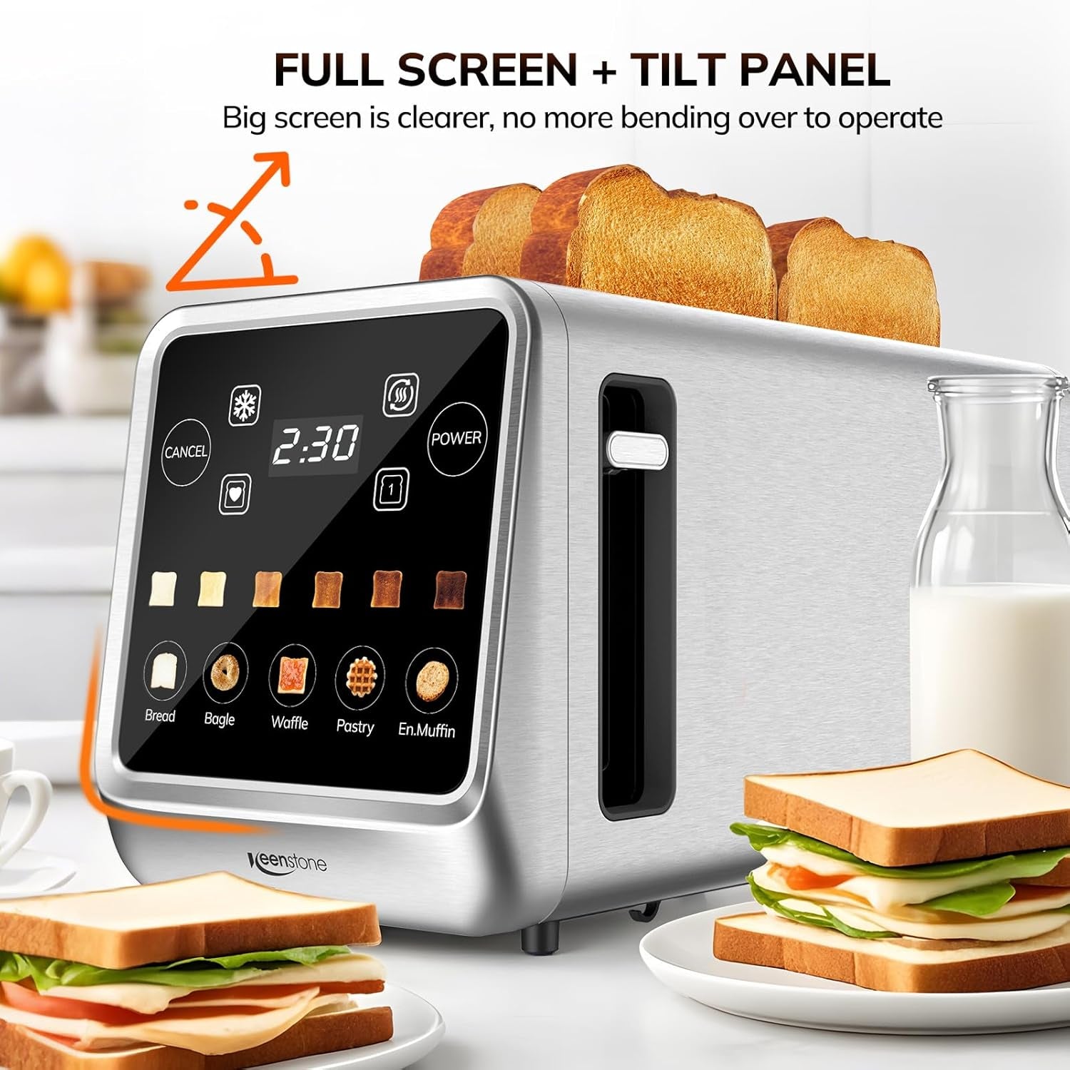 Toaster 4 Slice, Digital Smart Toaster with Touchscreen, Memory Function, Single Slot Toasting, Timer, Reheat & Defrost for Bagels, Bread, Waffles, Muffin, Stainless Steel Kitchen Essentials
