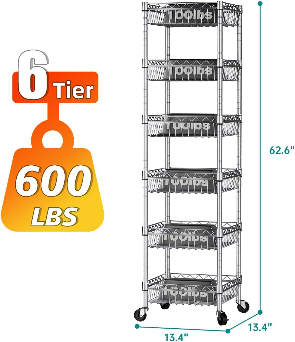 Adjustable Metal Wire Shelving Unit with Wheels for Kitchen, Laundry, and Pantry Organization - 13.5" D x 13.5" W x 63" H - Silver Finish