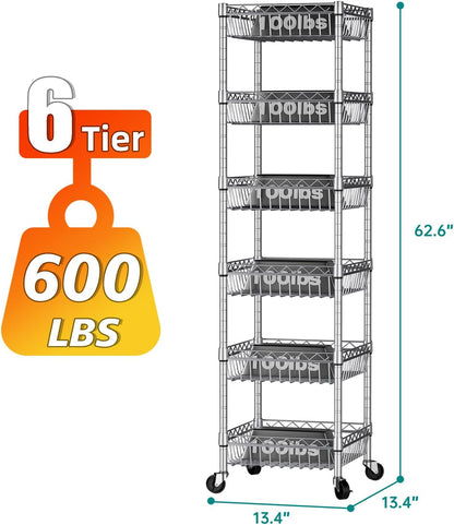 Adjustable Metal Wire Shelving Unit with Wheels for Kitchen, Laundry, and Pantry Organization - 13.5" D x 13.5" W x 63" H - Silver Finish