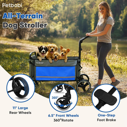 Dog Wagon Stroller for Large & Medium Dogs - 2-In-1 Push-Pull Pet Stroller with Ramp, Foldable All Terrain Wagon Cart, One-Step Brake, Suitable for Outdoor Walks & Camping, Blue
