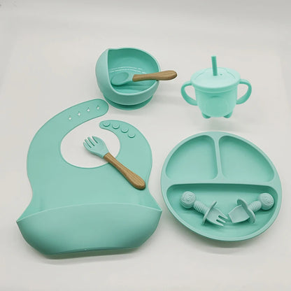 Children's Silicone Tableware Set - 6/8-Piece Dining Essentials with Suction Cups, Forks, Spoons, Bibs, Straws, and Cups for Mothers and Babies