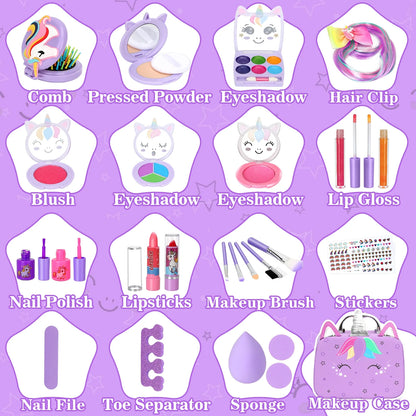 Kids Washable Makeup Set with Un-Icorn Case for Girl Birthday Gift Toy for 3-12 Year Old