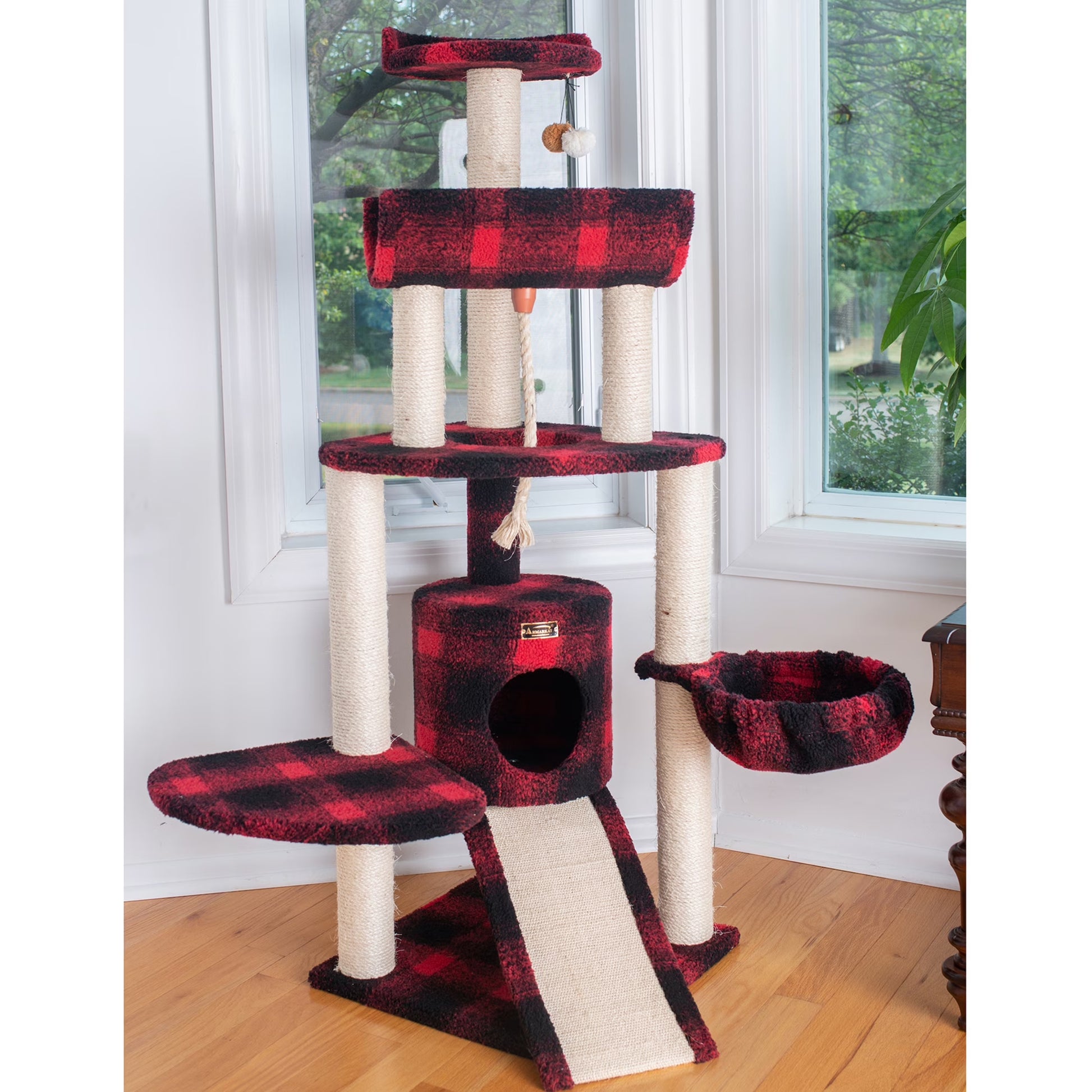 Real Wood Cat Tree Model B5806, Black & Red Tartan Plaid