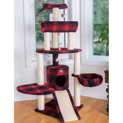 Real Wood Cat Tree Model B5806, Black & Red Tartan Plaid
