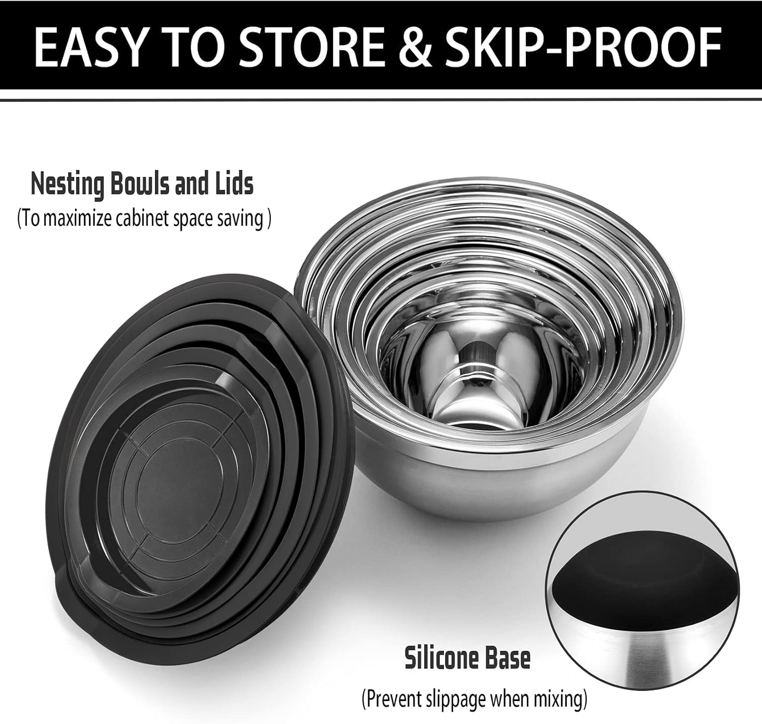 Mixing Bowls with Lids, Set of 6, Stainless Steel Nesting Mixing Bowls & Fitting Lids & Non-Slip Silicone Bottom, Ideal for Mixing, Storing, Size 0.7/1/1.5/2.5/3/4.6 Qt, Black