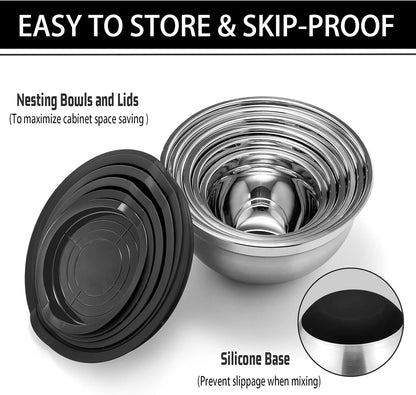 Mixing Bowls with Lids, Set of 6, Stainless Steel Nesting Mixing Bowls & Fitting Lids & Non-Slip Silicone Bottom, Ideal for Mixing, Storing, Size 0.7/1/1.5/2.5/3/4.6 Qt, Black