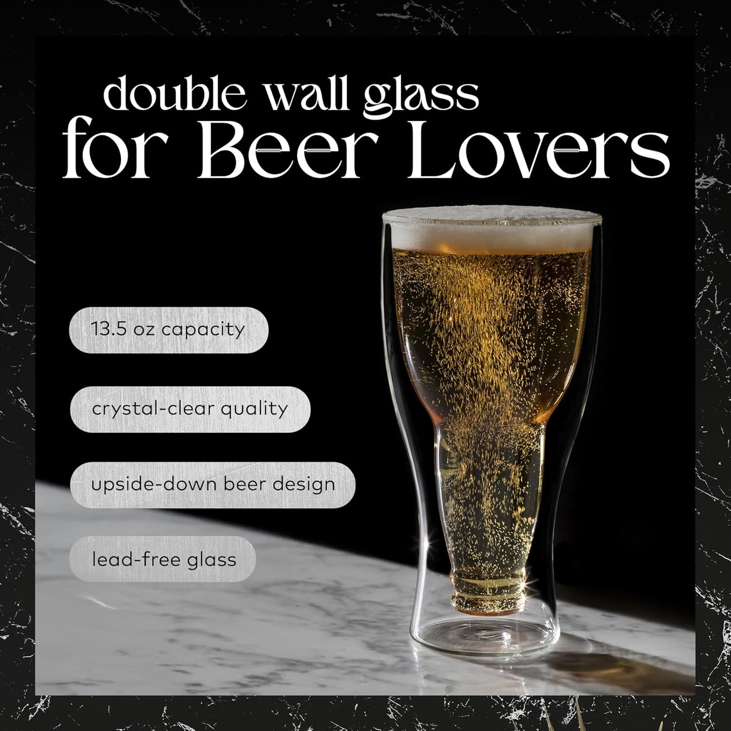 Beer Glasses - 13.5 Oz Clear Double Wall Insulated Beer Glass Set of 2 - Upside down Design - Holds One Full Bottle - Freezer Safe