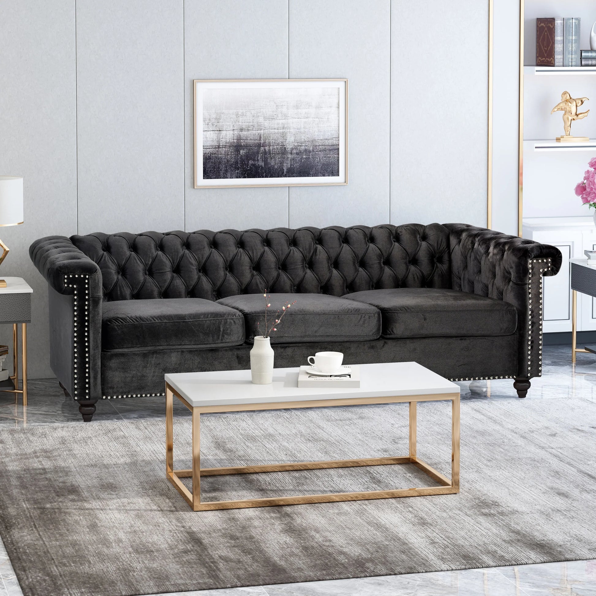 Zyiere Tufted Chesterfield Three-Seater Sofa in Black Velvet and Dark Brown
