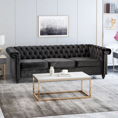 Zyiere Tufted Chesterfield Three-Seater Sofa in Black Velvet and Dark Brown